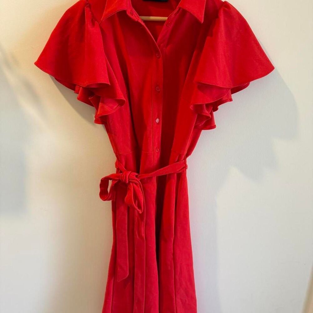 New York & Company Red Belted Flutter Sleeve Shirt Dress w/ pockets